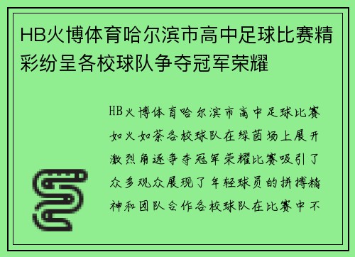 HB火博体育哈尔滨市高中足球比赛精彩纷呈各校球队争夺冠军荣耀
