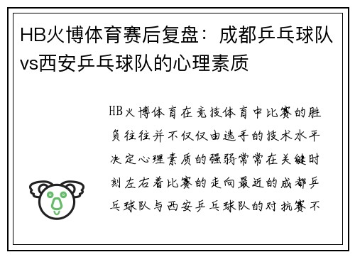 HB火博体育赛后复盘：成都乒乓球队vs西安乒乓球队的心理素质